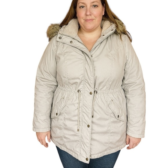 Maurices 0 (14) Beige Puffer Utility Winter Coat w/ Faux Fur Hood Cozy Jacket - Picture 1 of 15